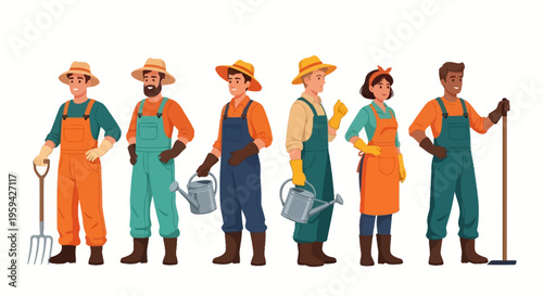 A cheerful and diverse team of farmers and gardeners, equipped with various tools, stands ready for a productive day of planting, harvesting, and sustainable agriculture work