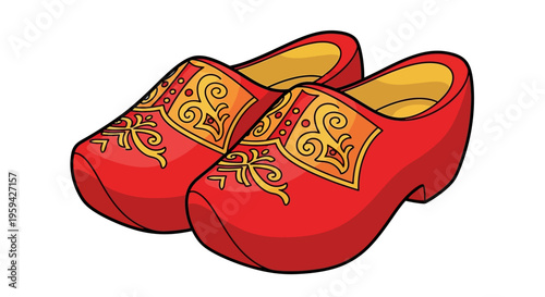 Traditional Dutch Wooden Clogs - Red and Gold Decorative Footwear Illustration