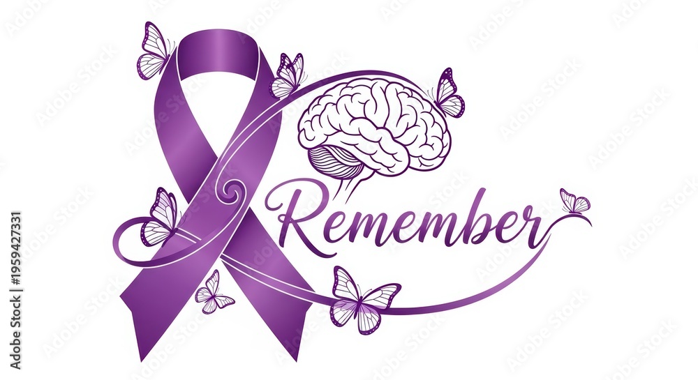 Fototapeta premium Purple ribbon for brain cancer awareness with butterflies and remember text design