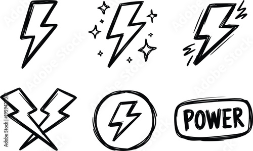 Lightning Bolt Power Doodle Icons Set with Electric Energy Symbols and Flash Elements Vector Collection