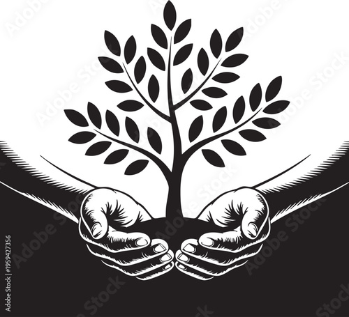 A pair of hands cradling a small tree with leaves, representing nurturing and protection of nature, ideal for eco-friendly and sustainability concepts.