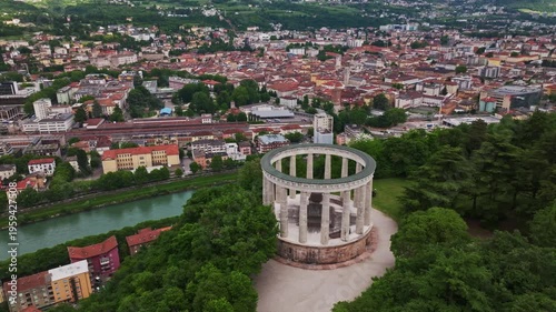 Aerial drone view of the Mausoleum of Cesare Battisti in Parco Naturale del Doss Trento, Italy.