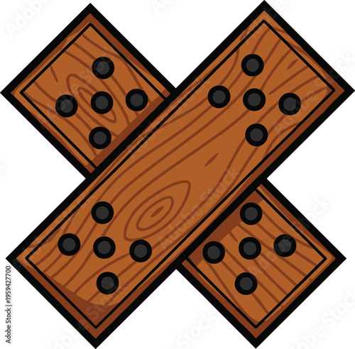 Cribbage game board crossing planks made of wood with black pegs vector illustration