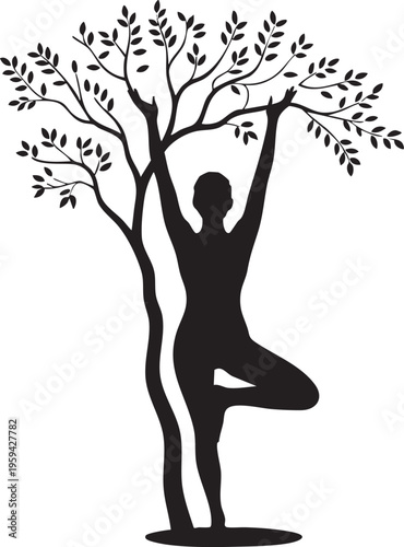 a black silhouette of a person practicing yoga in tree pose next to a tree with leaves on a neutral background, ideal for wellness and fitness concepts