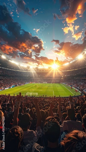 A vibrant sunset illuminates a packed football stadium filled with cheering fans.