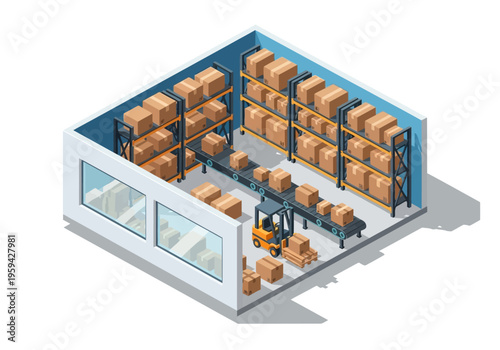 Warehouse interior with shelves, boxes and forklift, logistic and storage concept