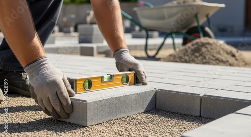 Wallpaper Mural Professional bricklayer aligning pavers for a smooth patio surface in outdoor construction project Torontodigital.ca