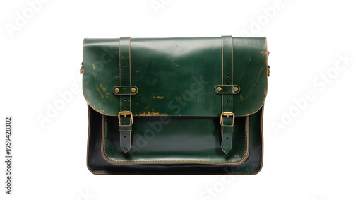 Tableau sur toile Stylish dark green leather vintage satchel bag with brass buckle closures for tr