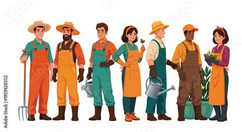 A Diverse Group of Gardeners in Overalls and Hats, Ready to Tend to Plants and Vegetables in a Sunny Outdoor Setting