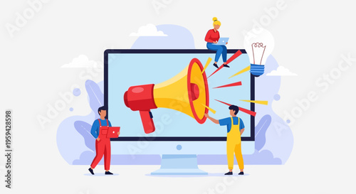 Digital marketing campaign with a giant megaphone on computer screen, representing online advertising and promotion