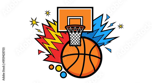 Dynamic illustration of a basketball hoop and ball with vibrant, explosive comic-style bursts, symbolizing energy and action in sports