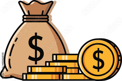 Brown money bag with dollar signs and gold coins stack wealth finance investment savings currency