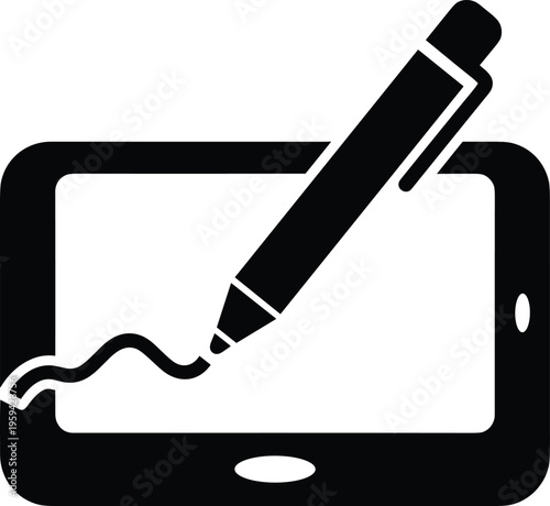 Black pen drawing wavy line on tablet screen digital stylus sketching signature writing note taking