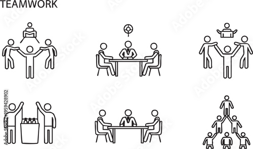 Teamwork showing people working together in various settings collaboration business