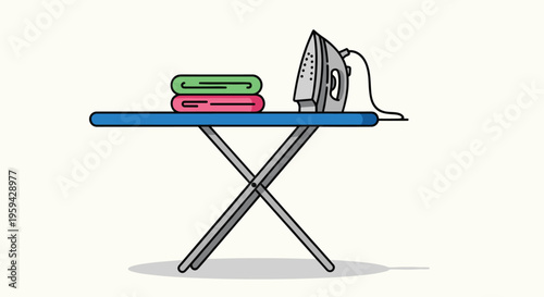 Iron on ironing board with folded clothes, laundry domestic chore