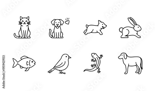 Minimalist pets line icon set with cat, dog, rabbit, fish, bird, lizard, and domestic animals vector illustrations