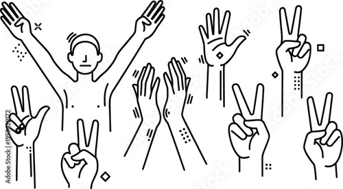 A group of hands making peace signs and a person with raised arms in celebration