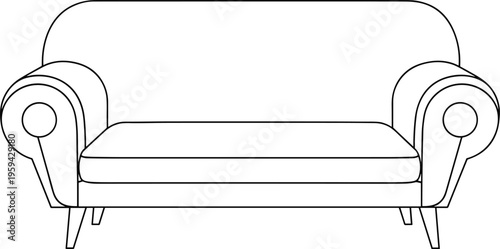 Sofa vector outline illustration of comfortable couch with armrests and cushions for living room interiors