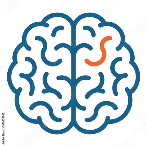 A minimalist vector illustration of a human brain featuring one distinct orange neural pathway