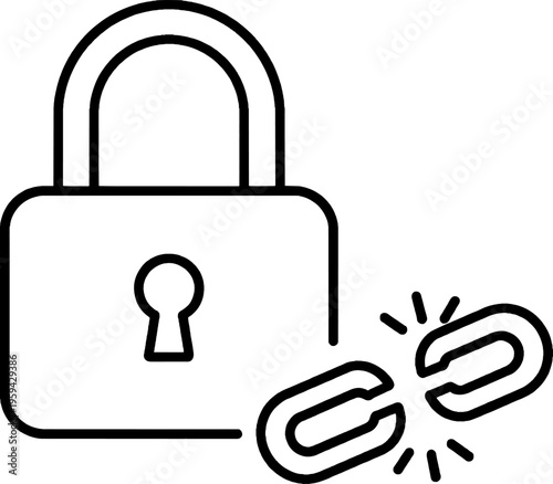 Security Breach and Broken Link Minimal Line Art Illustration. A Minimalist Icon representing data vulnerability, compromised security, and digital disconnection.