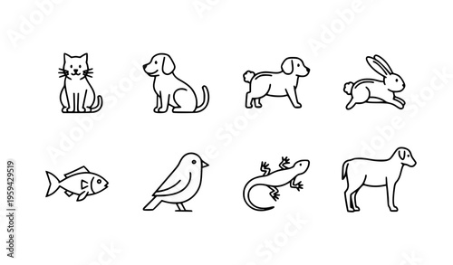 Minimalist pets line icon set with cat, dog, rabbit, fish, bird, lizard, and domestic animals vector illustrations