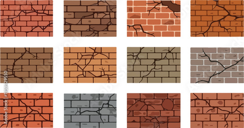 Collection of textured brick wall surfaces with cracks and imperfections, seamless patterns