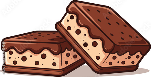 Two delicious chocolate ice cream sandwiches with fudge and sprinkles, isolated on transparent background