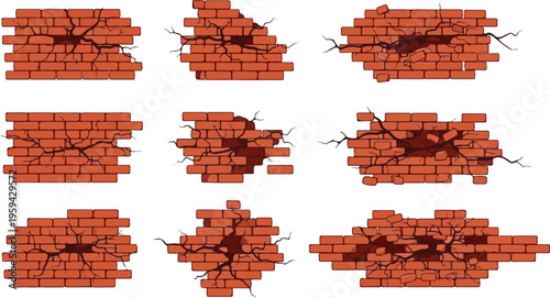 Collection of brick wall damage and cracked effects for graphic design and illustrations