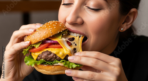 Woman Biting into a Juicy Cheeseburger Close-Up Delicious Food Portrait