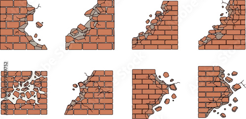 Series of brick wall fragments showing different stages of destruction and decay