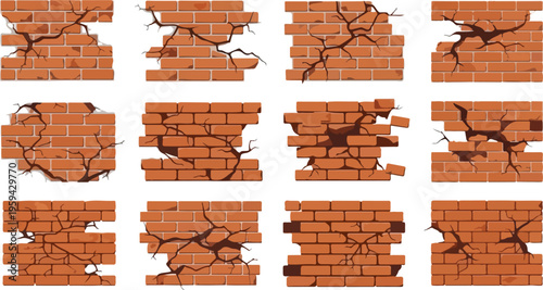 Set of cracked and broken brick wall sections with detailed damage textures, illustrative graphics