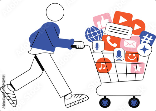 Digital Content Consumption: Person Pushing Shopping Cart Full of Social Media and App Icons