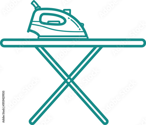 Ironing board with an iron for domestic household chores and clothing care on laundered apparel