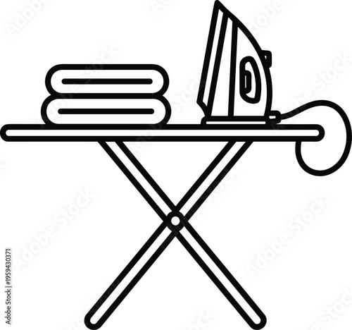 Ironing board with electric iron and folded laundry towels outline vector illustration on transparent background