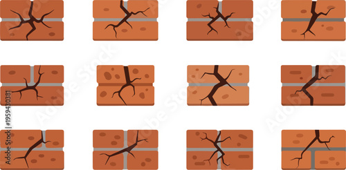Set of brick wall damage icons representing cracks and structural integrity issues