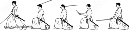 Japanese Samurai Swordsmanship Instruction Chart Featuring Katana Drawing, Cutting, Cleaning and Sheathing Techniques in Historical Style