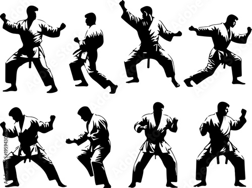 Karate Martial Arts Silhouette Collection Showing Practitioners in Punching, Blocking, and Kicking Positions