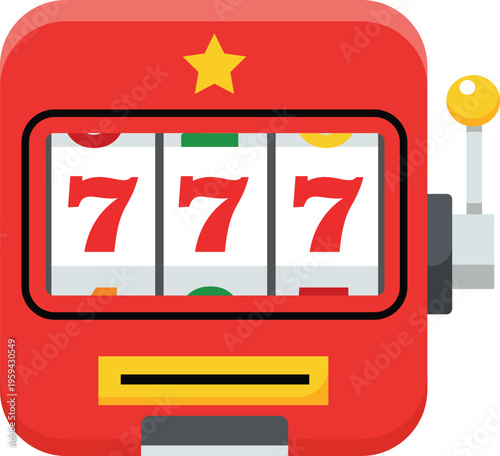 A red slot machine with three reels showing the number seven