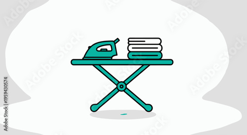 Ironing board with an iron and stack of neatly folded laundry clothes in a clean household setting