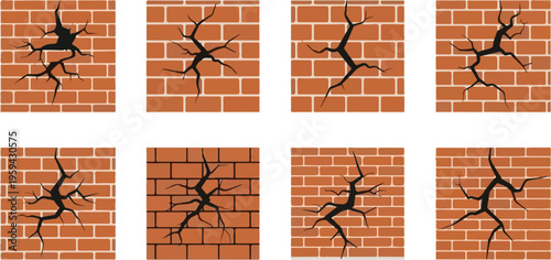 Set of eight cracked brick wall illustrations with varying crack patterns and intensity