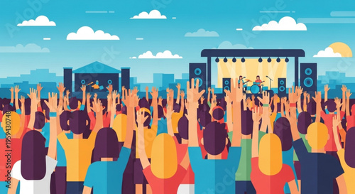 Vibrant crowd enjoys live music festival with raised hands and colorful outfits under sunny sky