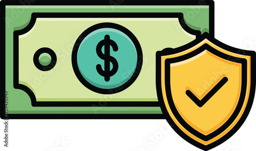 Money bill with shield icon representing financial security and safe investment protection for wealth and savings