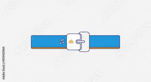 Colorful blue smartwatch strap with white buckle and musical note on light background