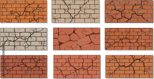 Cracked brick wall patterns with variations in color and texture, symbolizing damage and decay