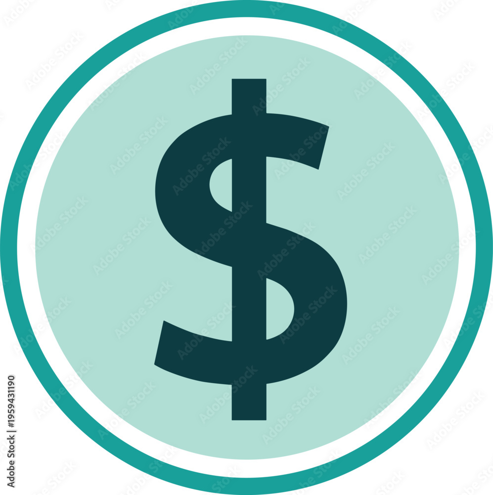 Fototapeta premium A single dollar sign icon centered within a light blue circle framed by a teal border isolated on transparent