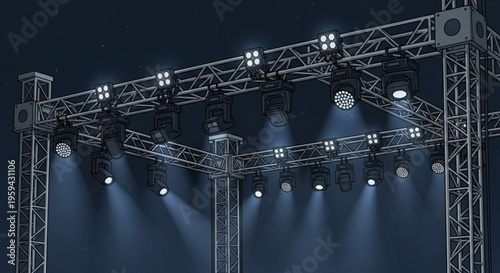 Stage lighting rig with spotlights shining down on empty performance area at night