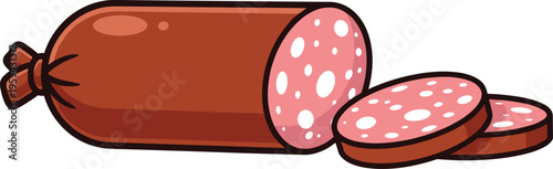 Sliced salami sausage with a meat knot and two slices on side