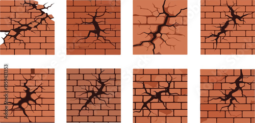 Set of Cracked Brick Wall Illustrations, Representing Damage and Structural Issues