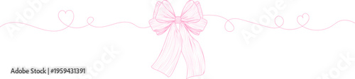Elegant Hand Drawn Ribbon Bow Divider with Flowing Line in Soft Pink, Minimal Decorative Horizontal Border for Wedding Invitations, Greeting Cards, Branding and Romantic Design