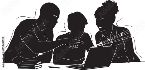 Single continuous line drawing of young mother reading book to daughter and father playing block puzzle house with son at home. Happy family parenting concept. one line Icon drawing